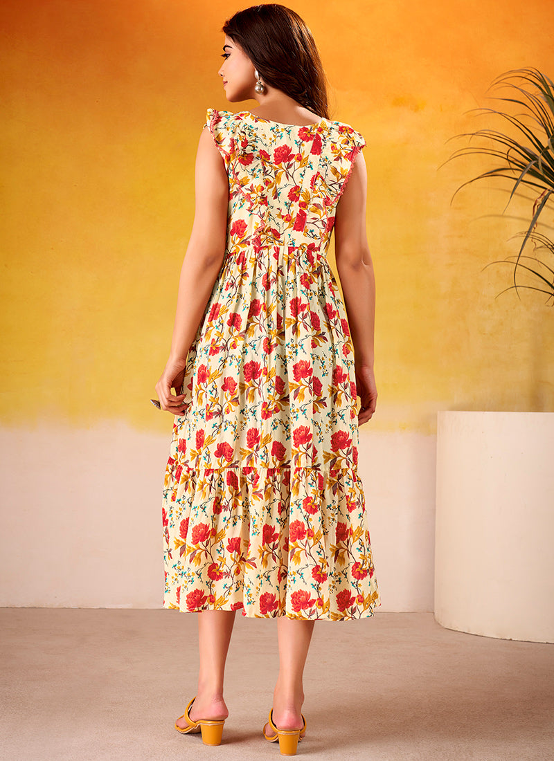 Cream And Red Muslin Silk Floral Printed Midi Dress