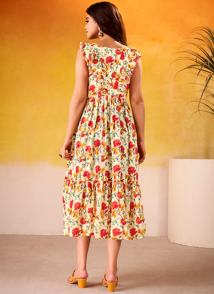 Cream And Red Muslin Silk Floral Printed Midi Dress