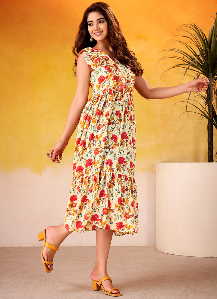 Cream And Red Muslin Silk Floral Printed Midi Dress