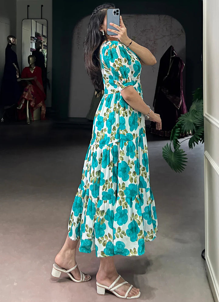 Flower Printed Firozi Vichitra Silk Party Wear Midi Dress