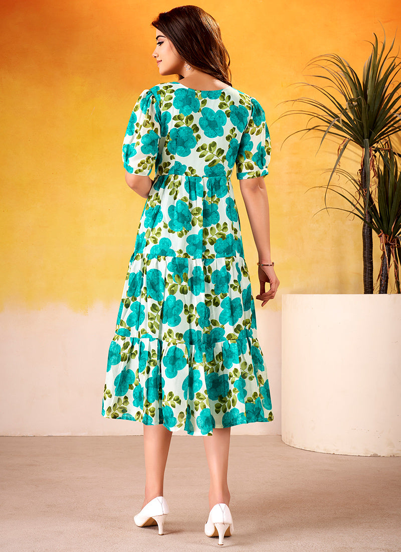 Flower Printed Firozi Vichitra Silk Party Wear Midi Dress