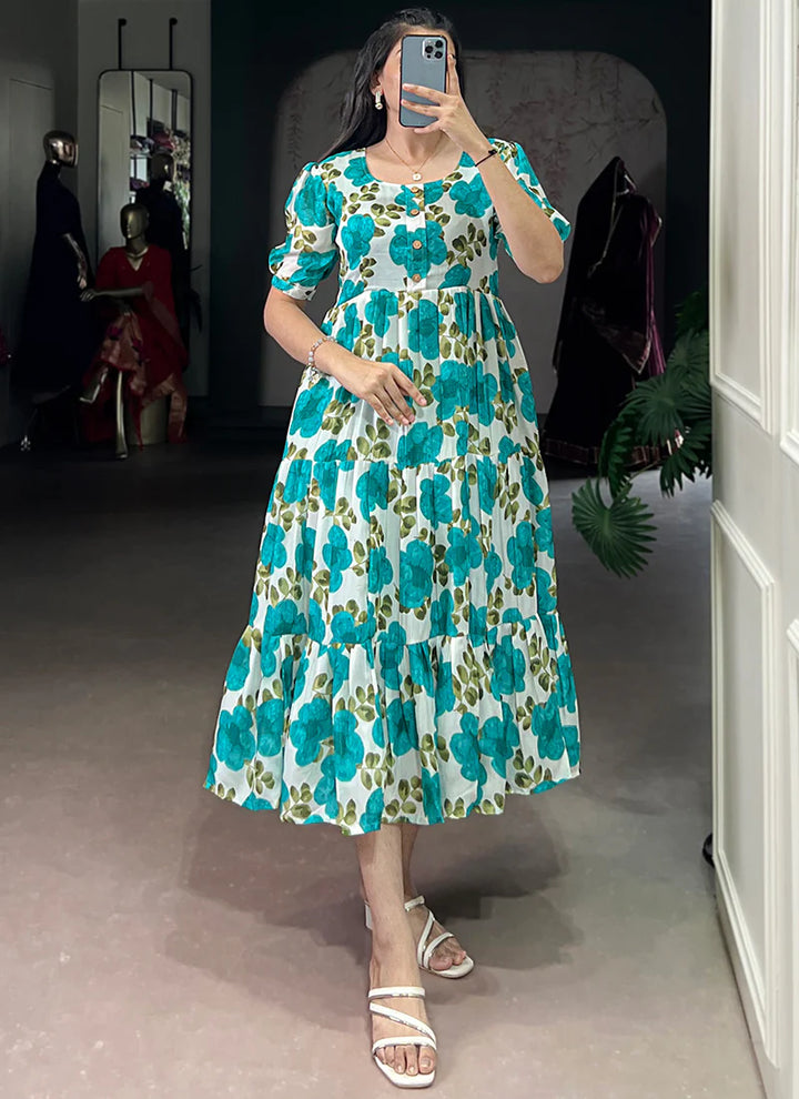 Flower Printed Firozi Vichitra Silk Party Wear Midi Dress