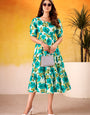 Flower Printed Firozi Vichitra Silk Party Wear Midi Dress