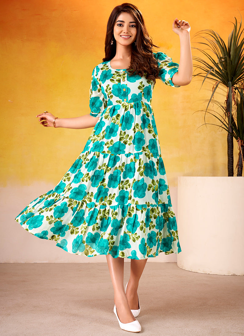 Flower Printed Firozi Vichitra Silk Party Wear Midi Dress