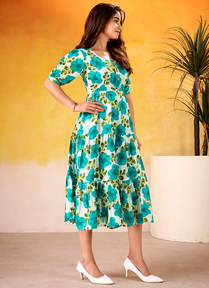 Flower Printed Firozi Vichitra Silk Party Wear Midi Dress
