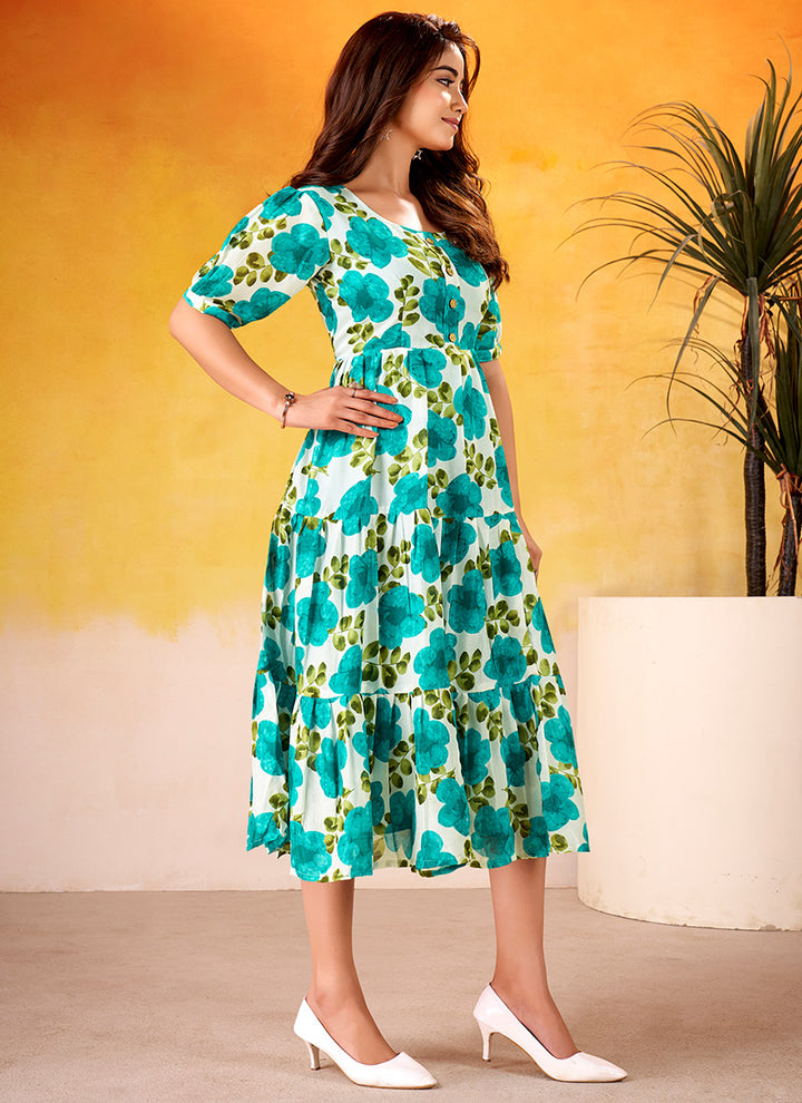 Flower Printed Firozi Vichitra Silk Party Wear Midi Dress