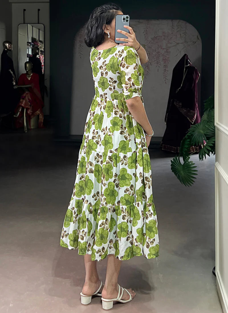 Flower Printed Green Vichitra Silk Party Wear Midi Dress