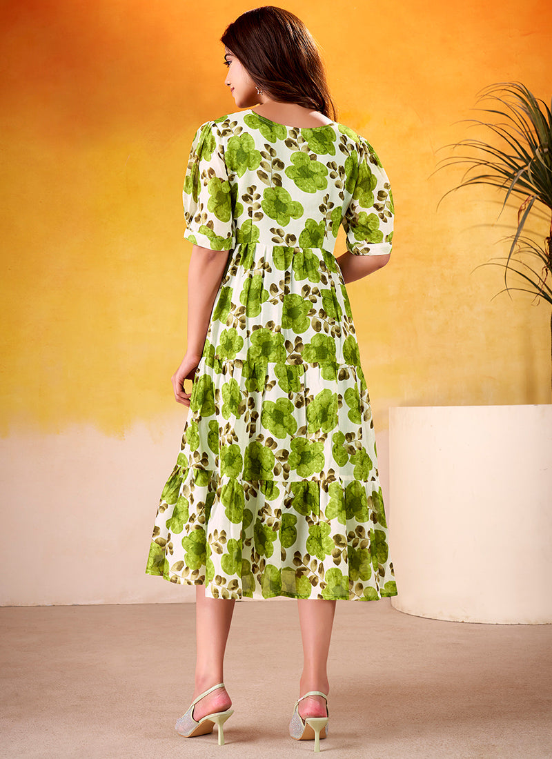 Flower Printed Green Vichitra Silk Party Wear Midi Dress