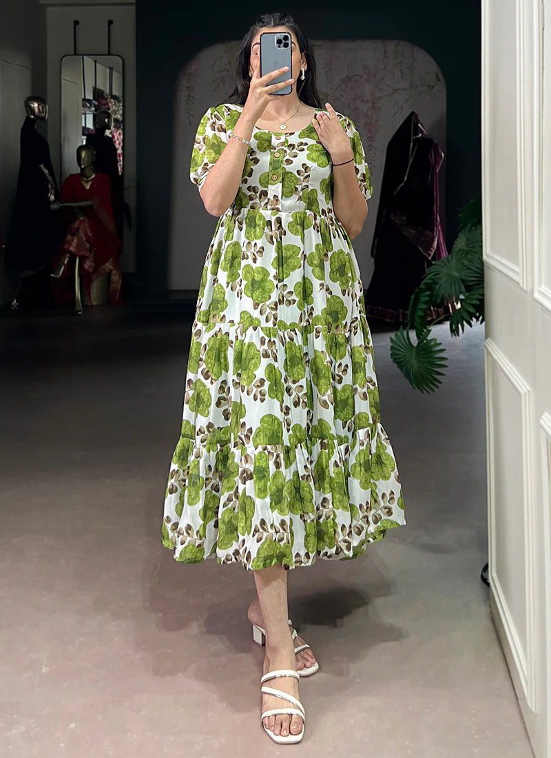 Flower Printed Green Vichitra Silk Party Wear Midi Dress