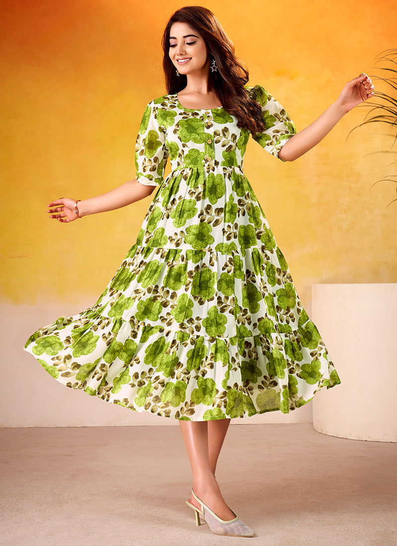 Flower Printed Green Vichitra Silk Party Wear Midi Dress
