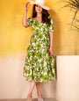Flower Printed Green Vichitra Silk Party Wear Midi Dress