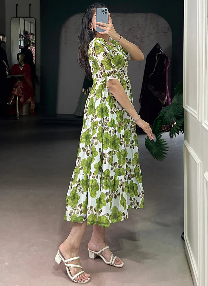 Flower Printed Green Vichitra Silk Party Wear Midi Dress