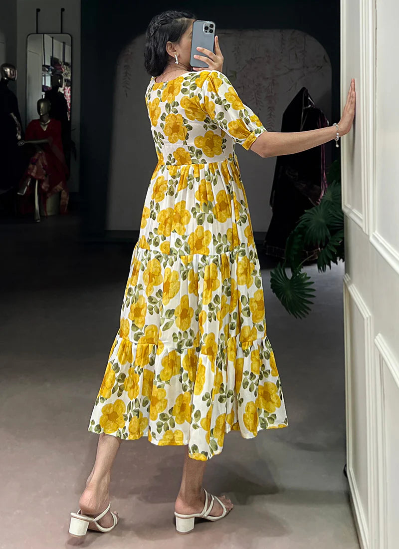 Flower Printed Mustard Vichitra Silk Party Wear Midi Dress