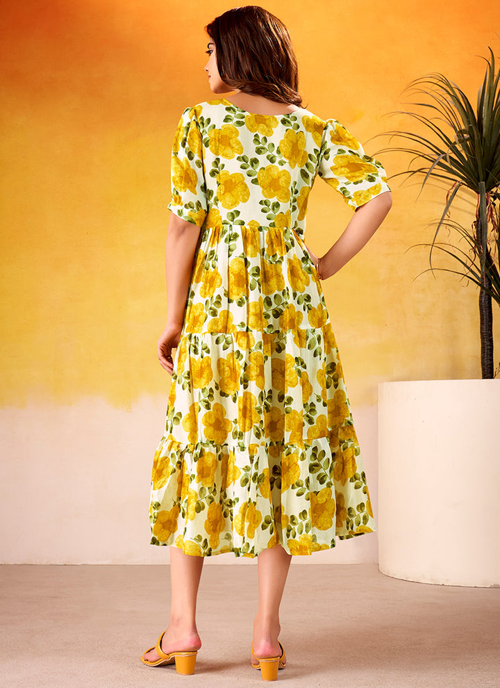 Flower Printed Mustard Vichitra Silk Party Wear Midi Dress