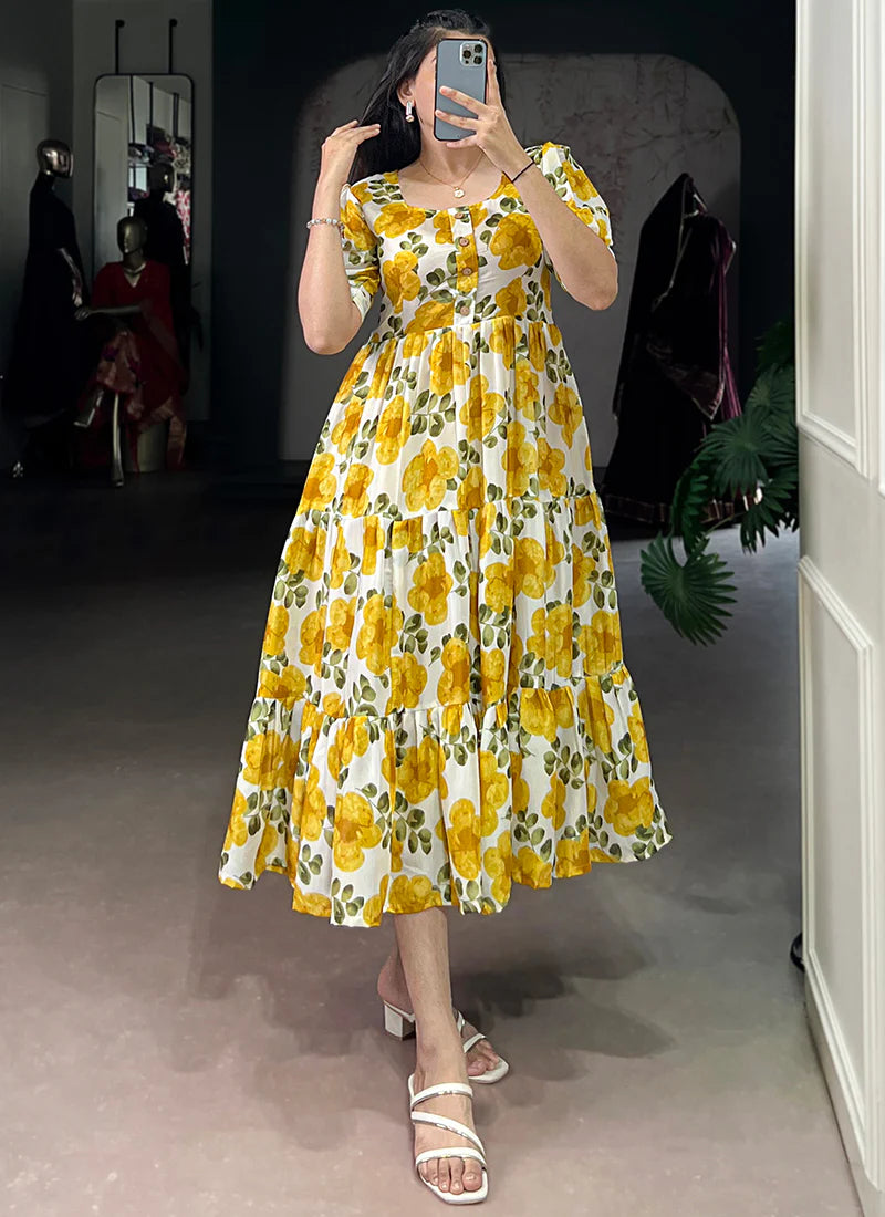 Flower Printed Mustard Vichitra Silk Party Wear Midi Dress