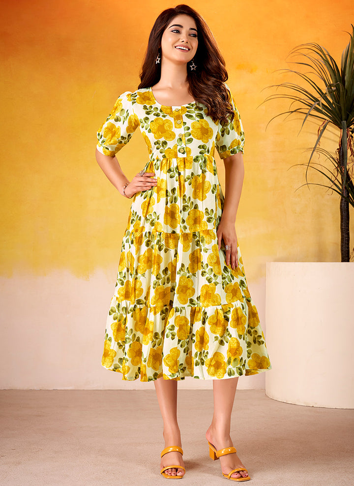 Flower Printed Mustard Vichitra Silk Party Wear Midi Dress