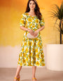 Flower Printed Mustard Vichitra Silk Party Wear Midi Dress