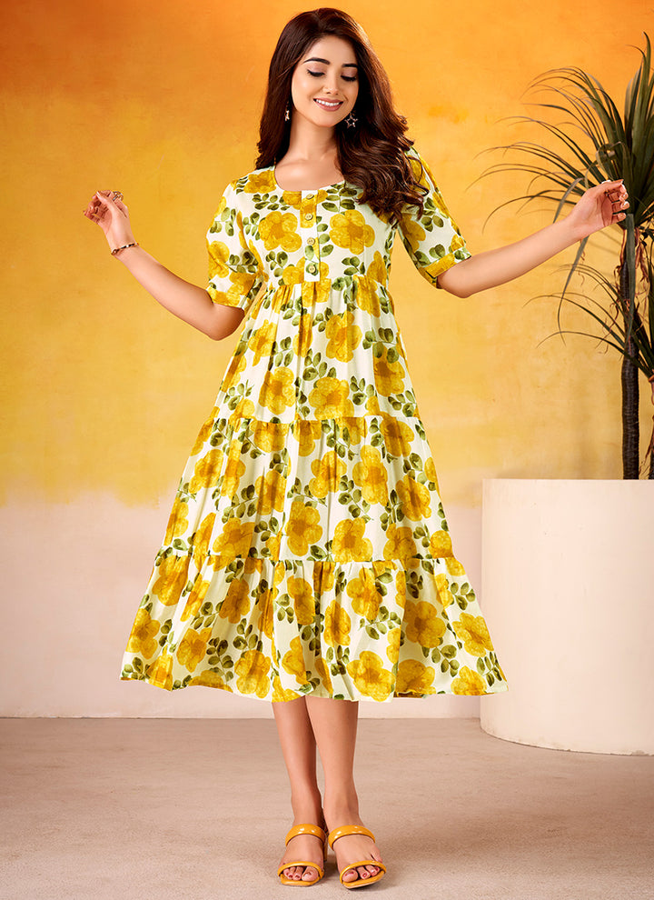 Flower Printed Mustard Vichitra Silk Party Wear Midi Dress
