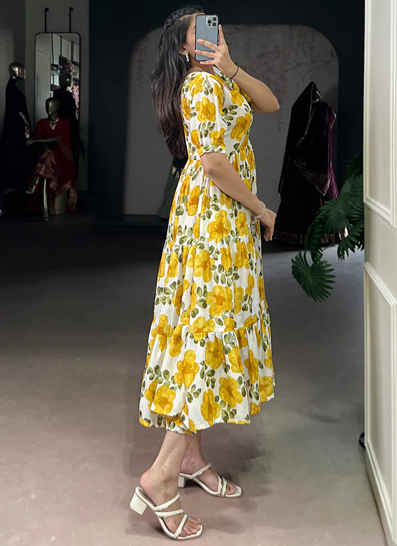 Flower Printed Mustard Vichitra Silk Party Wear Midi Dress