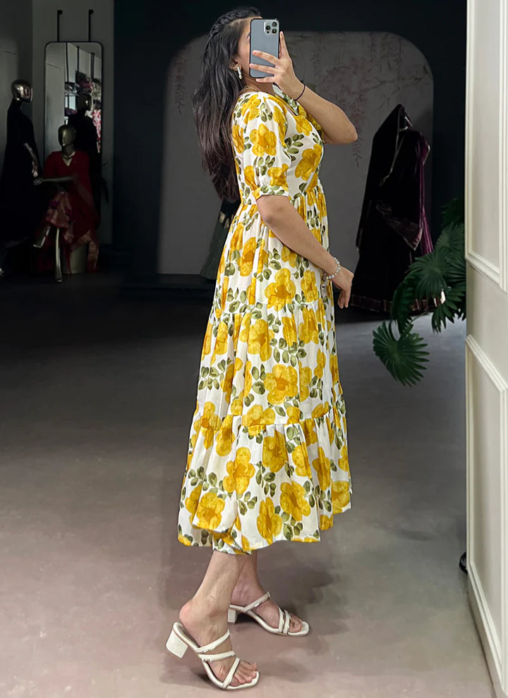 Flower Printed Mustard Vichitra Silk Party Wear Midi Dress