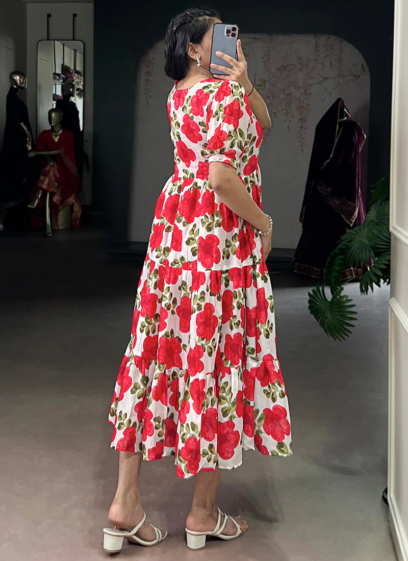Flower Printed Red Vichitra Silk Party Wear Midi Dress
