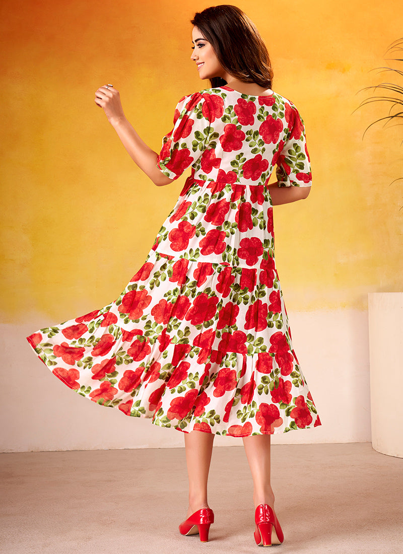 Flower Printed Red Vichitra Silk Party Wear Midi Dress