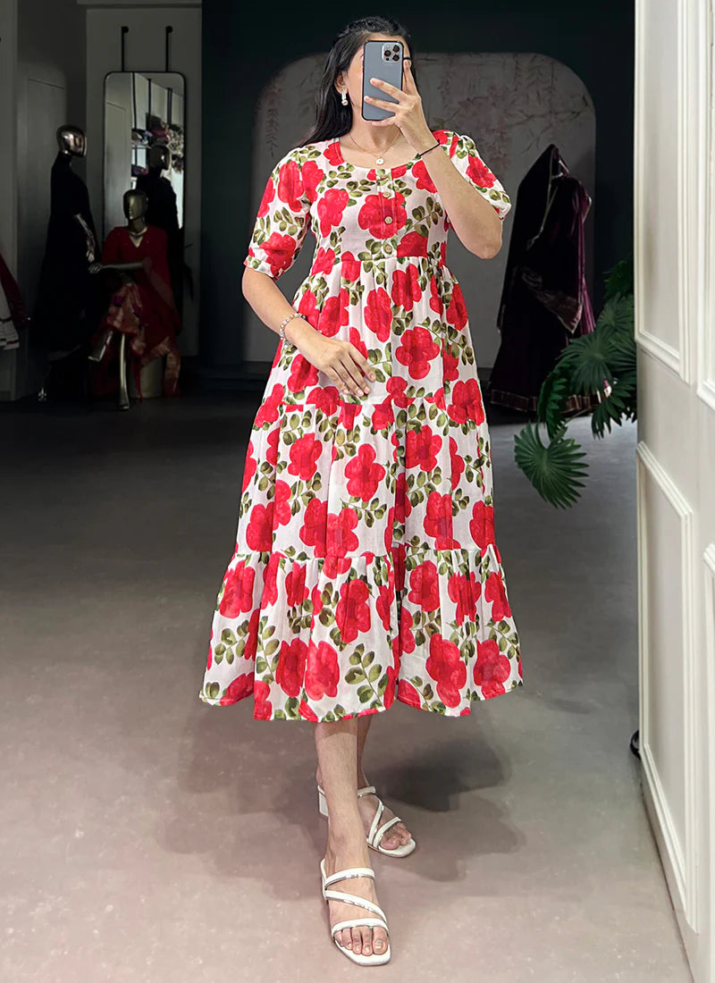Flower Printed Red Vichitra Silk Party Wear Midi Dress