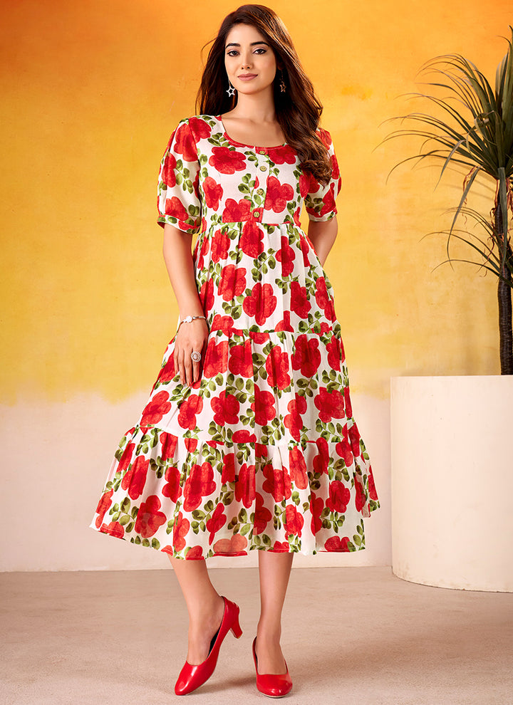 Flower Printed Red Vichitra Silk Party Wear Midi Dress