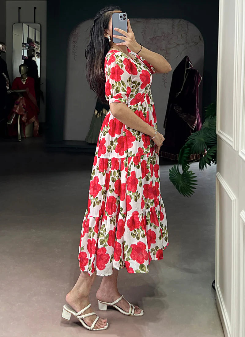 Flower Printed Red Vichitra Silk Party Wear Midi Dress