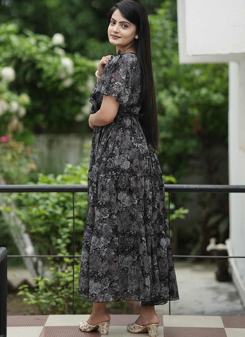 Black Georgette Printed Festive Dress