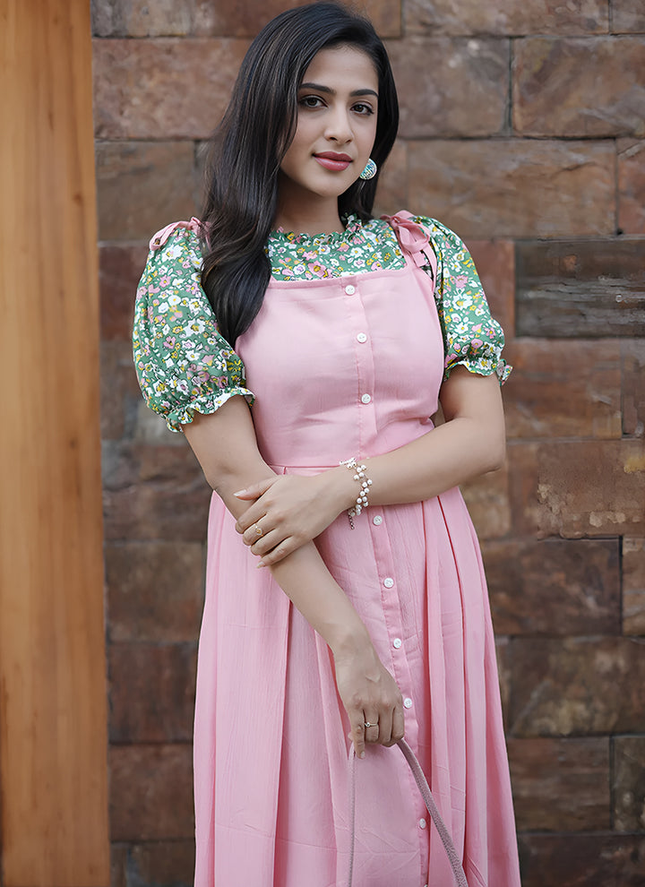 Pink Rayon Printed Two Piece Dungaree Dress