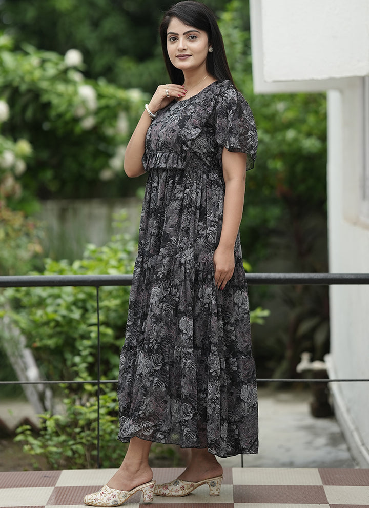 Black Georgette Printed Festive Dress