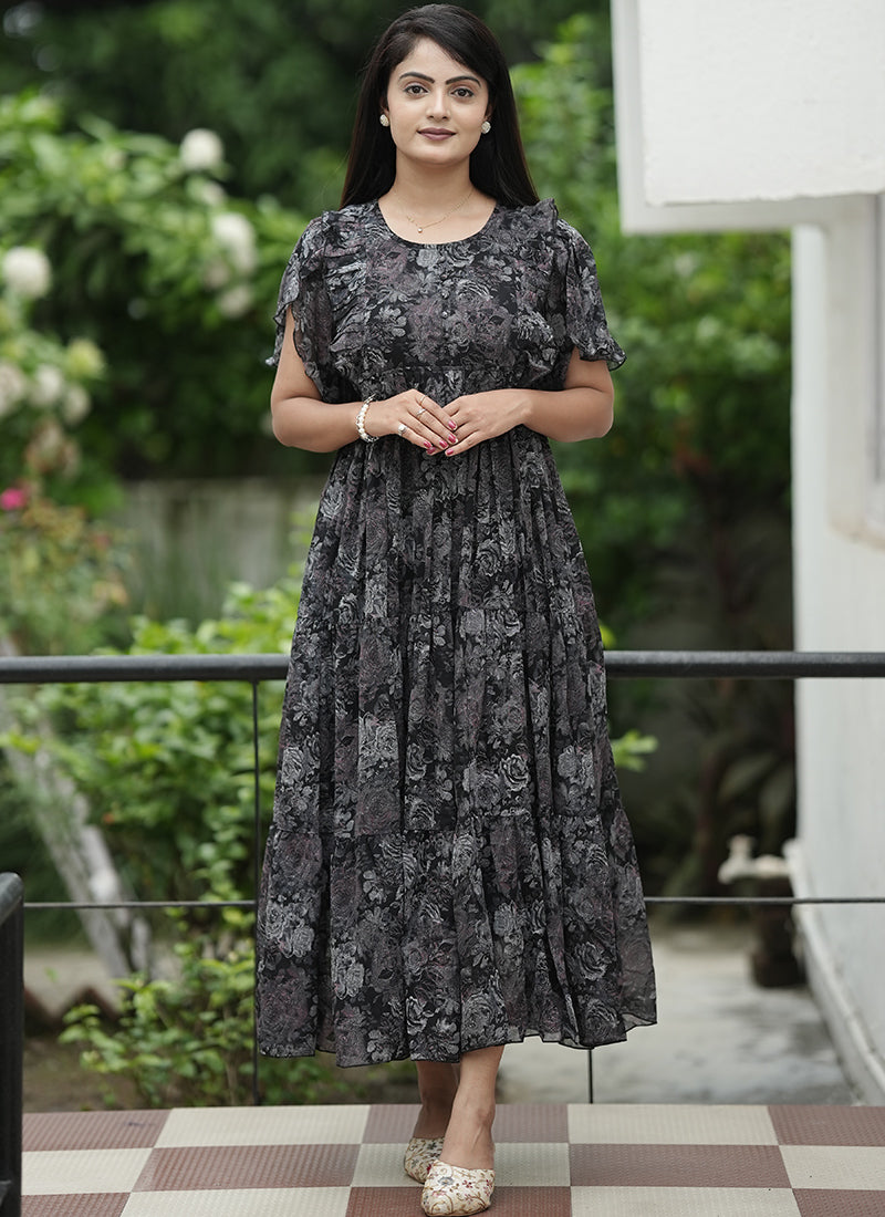 Black Georgette Printed Festive Dress