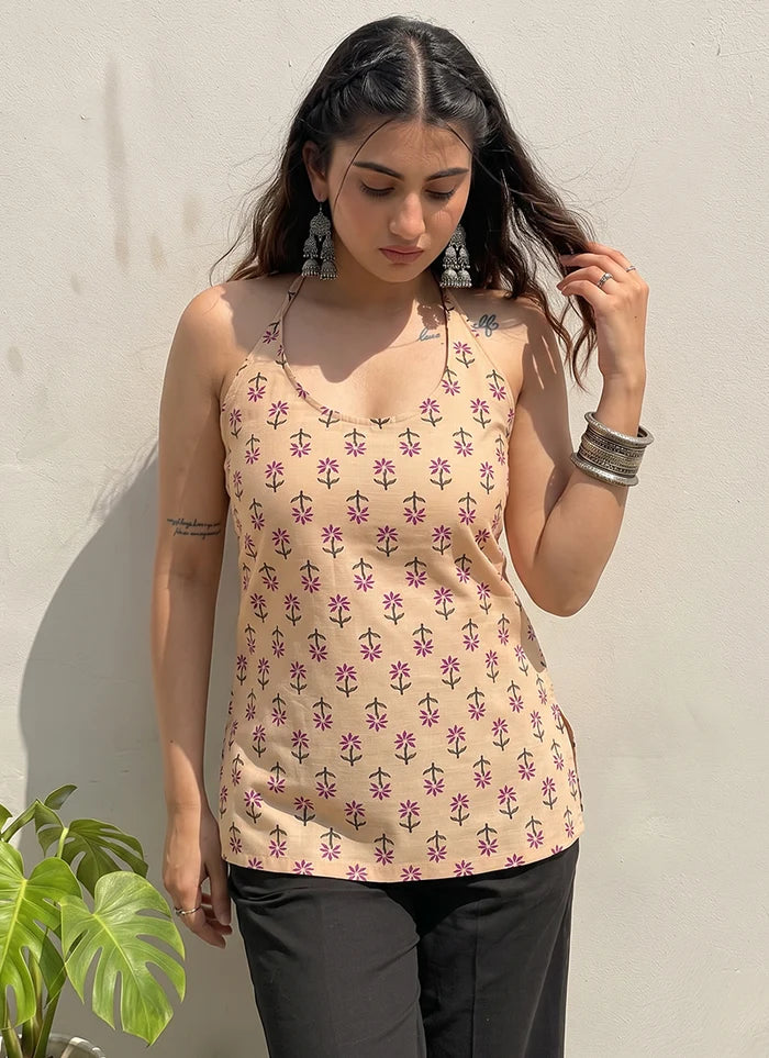 Peach Cotton Printed Sleeveless Kurti