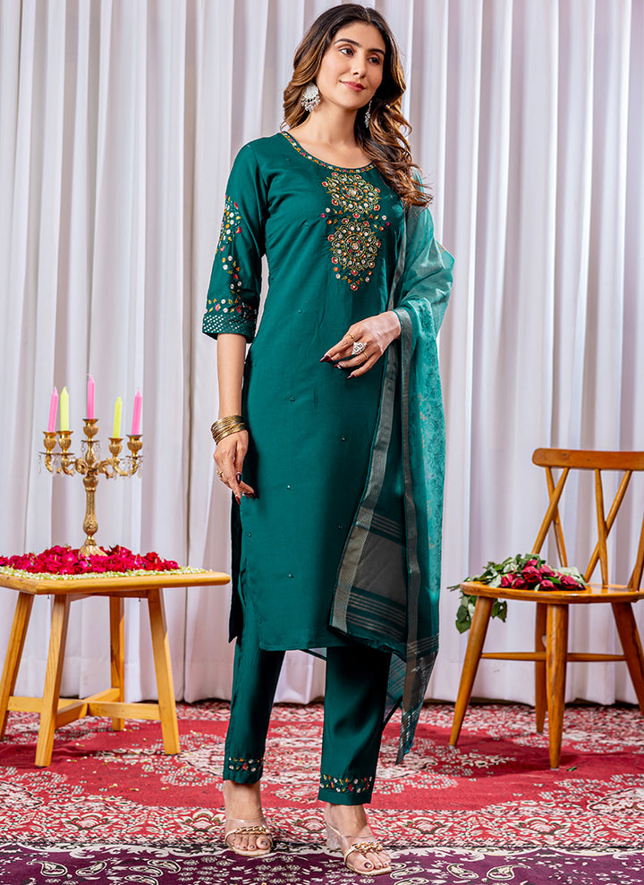 Green Viscose Silk Thread Work Festive Kurta Set