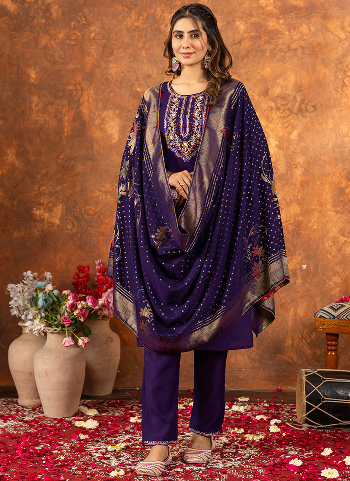 Purple Marina Silk Embroidered Kurta Set