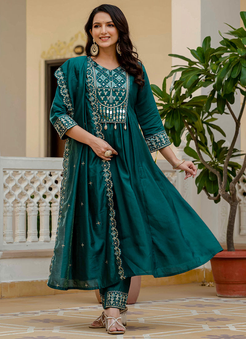 Teal Viscose Roman Silk Layered Kurta Set