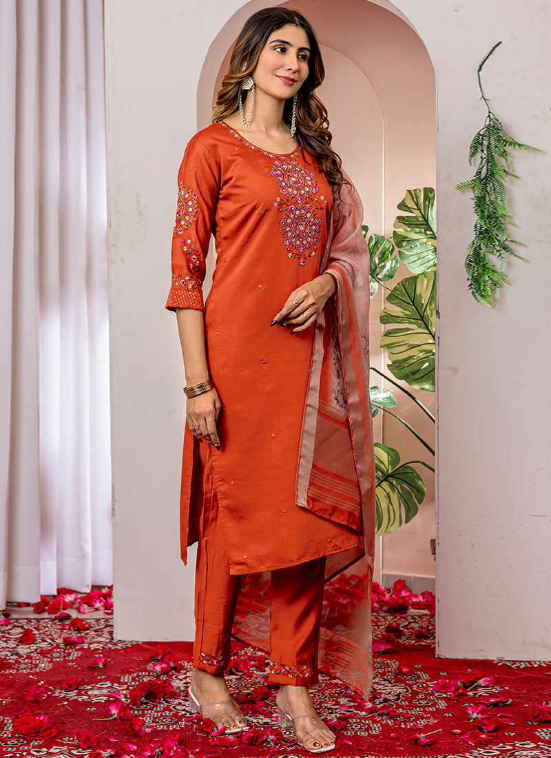Rust Viscose Silk Thread Work Salwar Set For Ceremonial