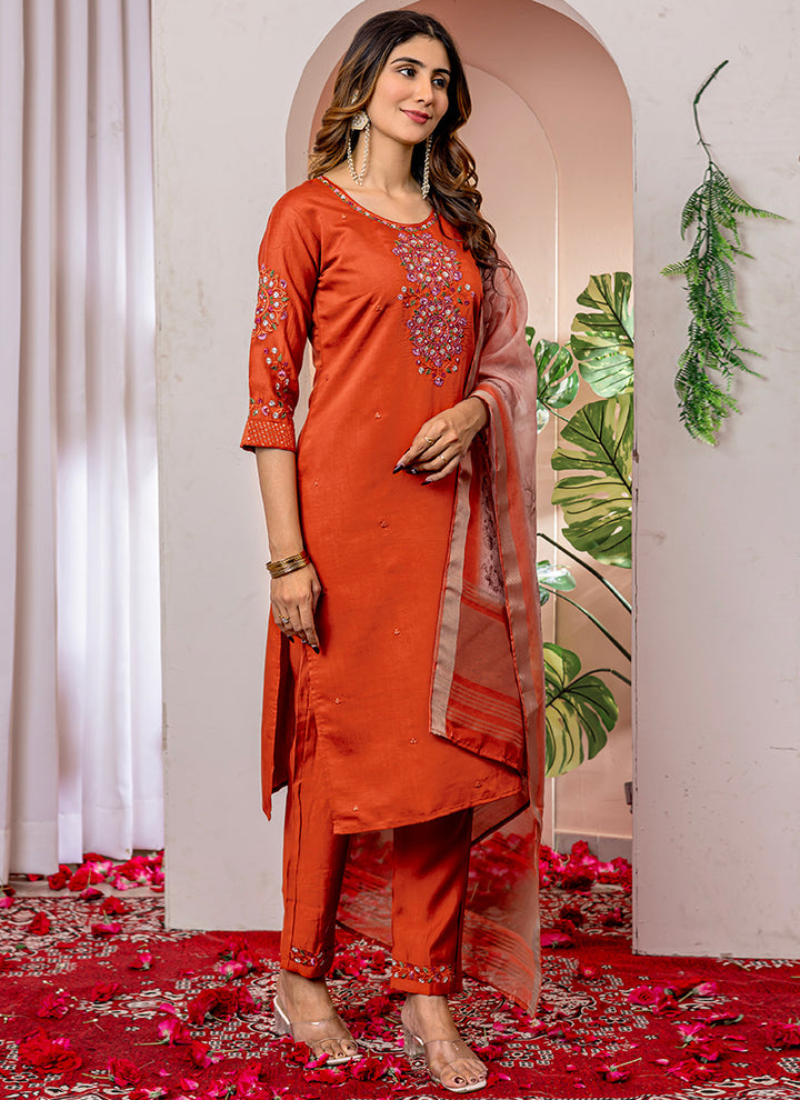 Rust Viscose Silk Thread Work Salwar Set For Ceremonial