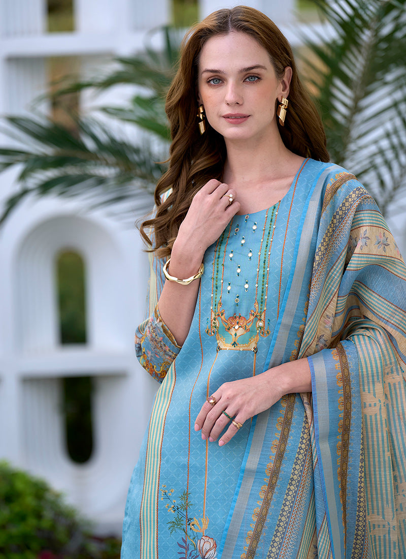 Sky Blue Silk Blend Printed Kurta Set For Festive