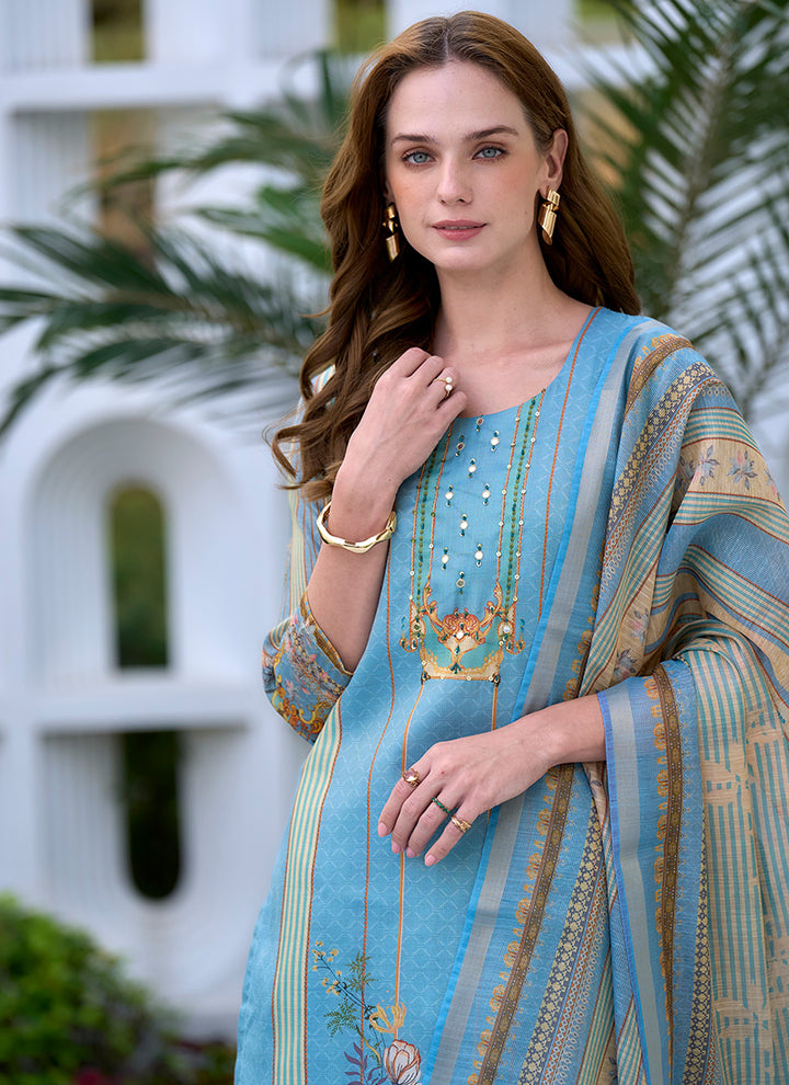 Sky Blue Silk Blend Printed Kurta Set For Festive