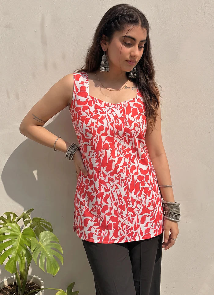 Red And White Cotton Printed Sleeveless Kurti