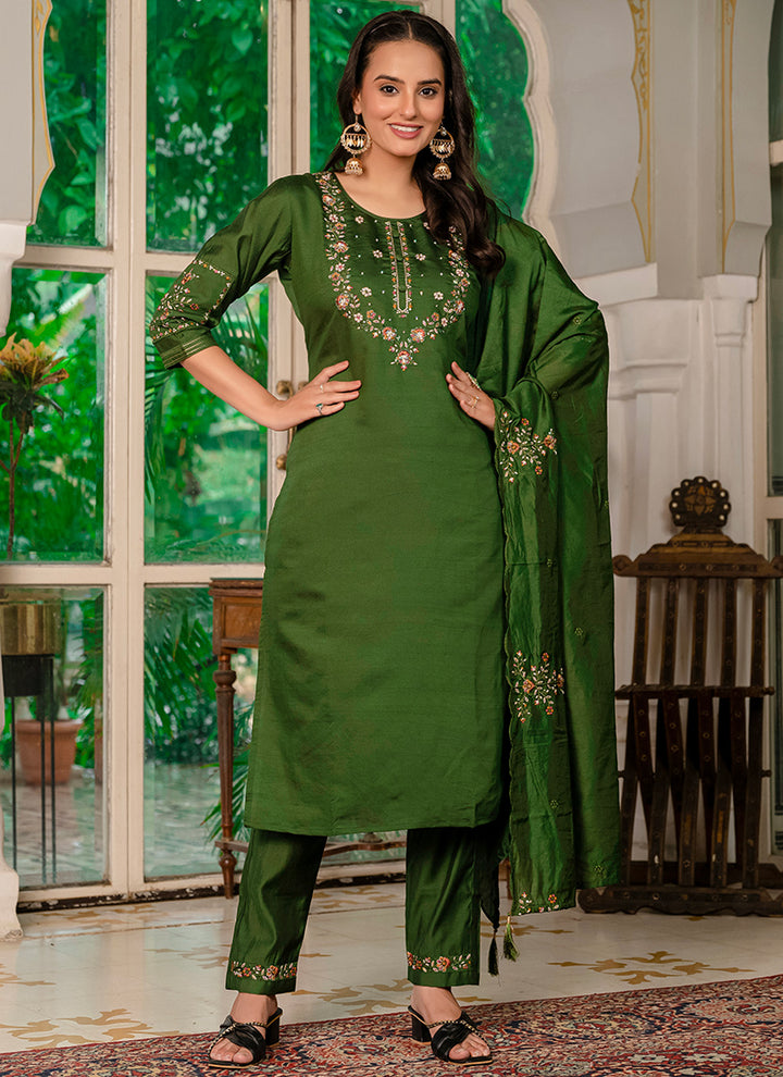 Marina Silk Green Thread Work Festive Kurta Set