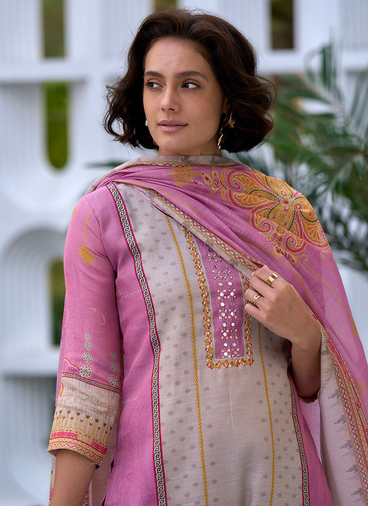 Grey And Pink Printed Silk Blend Festive Wear Kurta Set