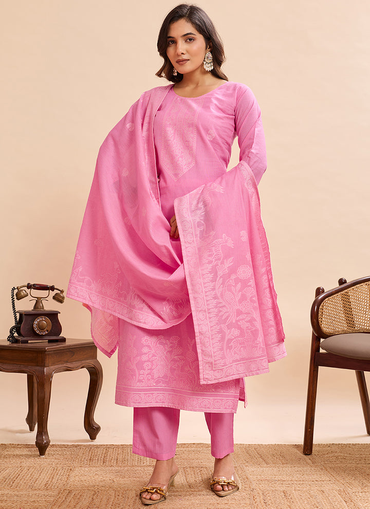 Candy Pink Pure Cotton Jacquard Kurta Set