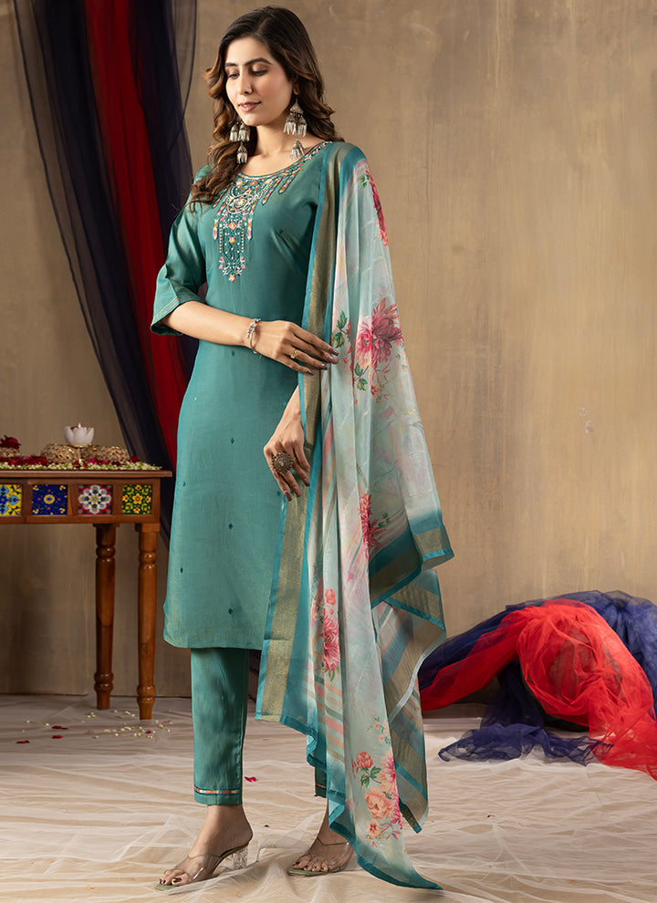 Rama Green Shimmer Silk Embroidered Kurta Set