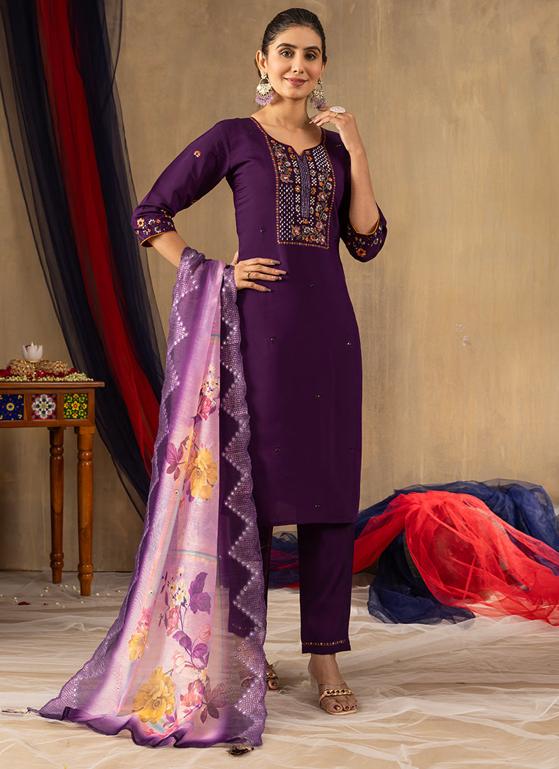 Purple Roman Silk Thread Work Salwar Set For Ceremonial