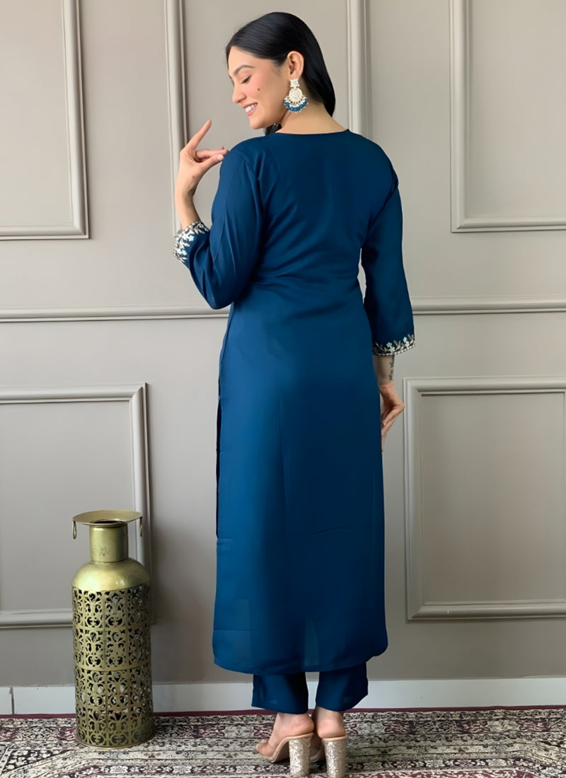Peacock Blue Rayon Slub Embroidered Festive Kurta Set