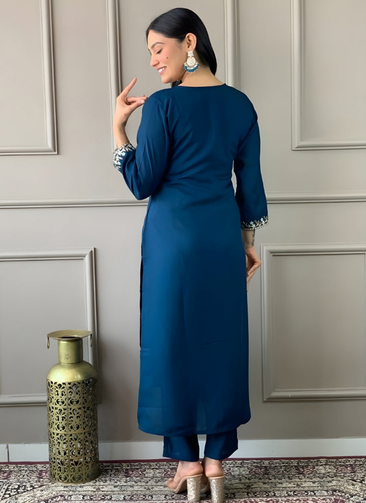 Peacock Blue Rayon Slub Embroidered Festive Kurta Set