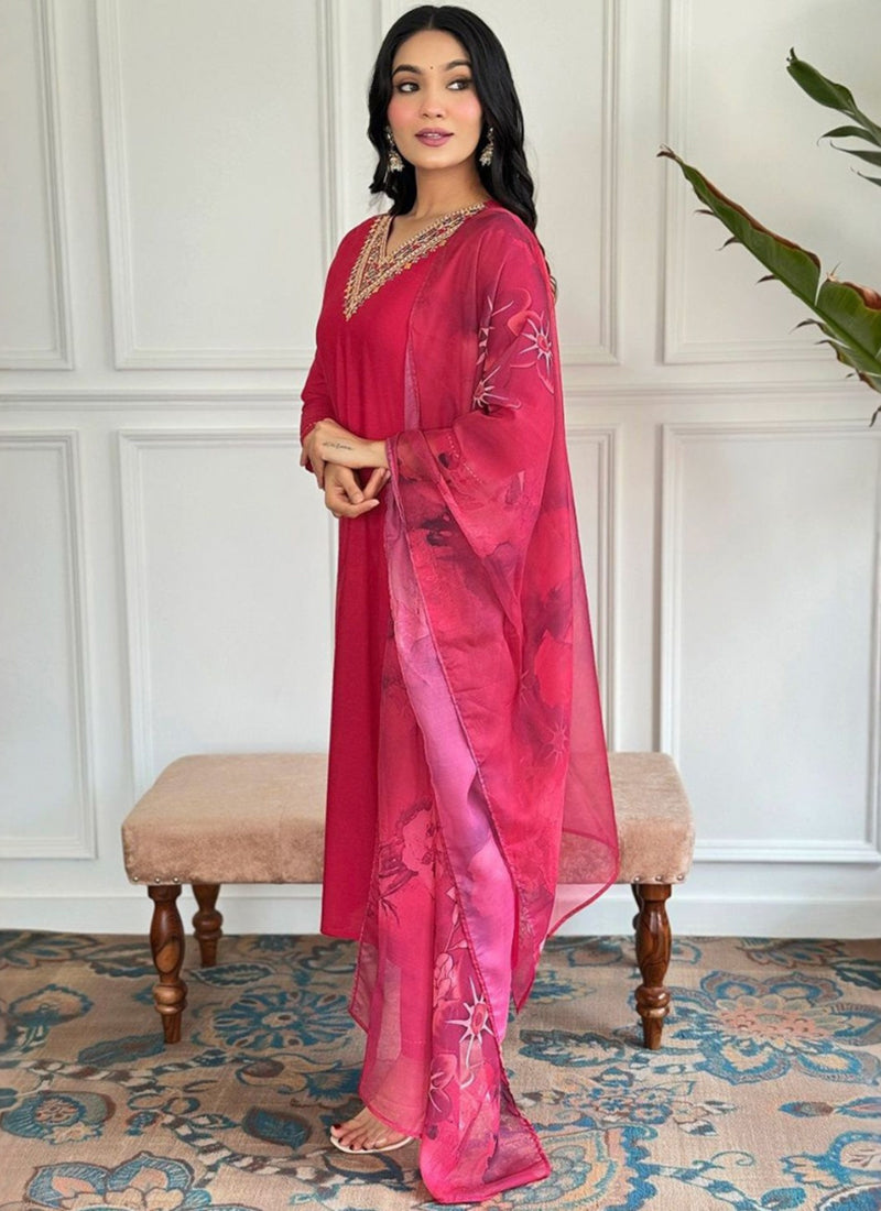 Hot Pink Embroidered Rayon Straight Kurta Set